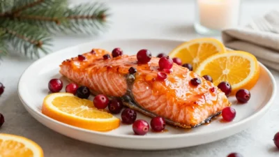 Festive cranberry-orange glazed salmon with fresh citrus and cranberries
