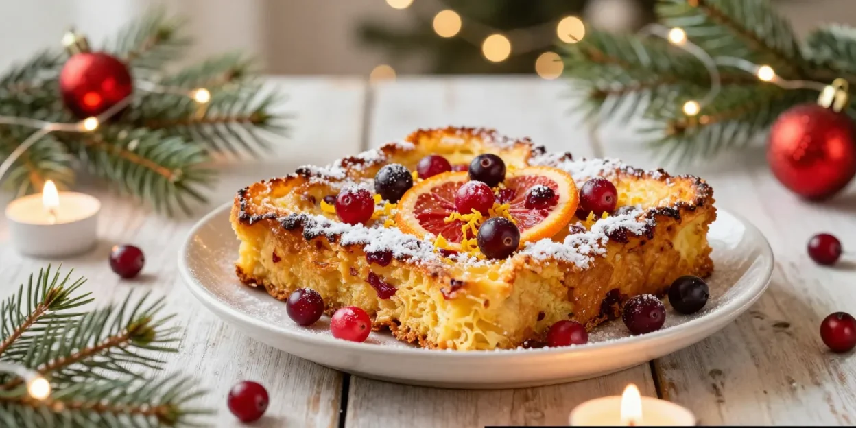 Festive cranberry orange French toast bake with holiday decorations and warm Christmas lights.