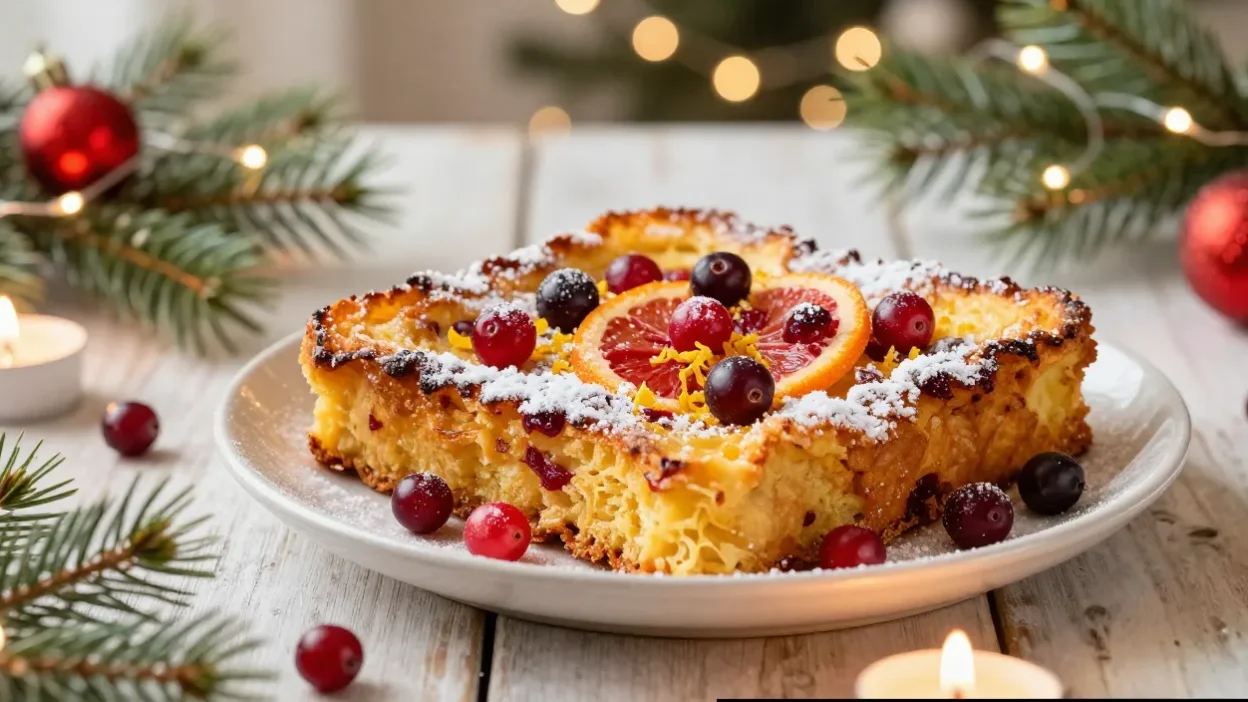 Festive cranberry orange French toast bake with holiday decorations and warm Christmas lights.