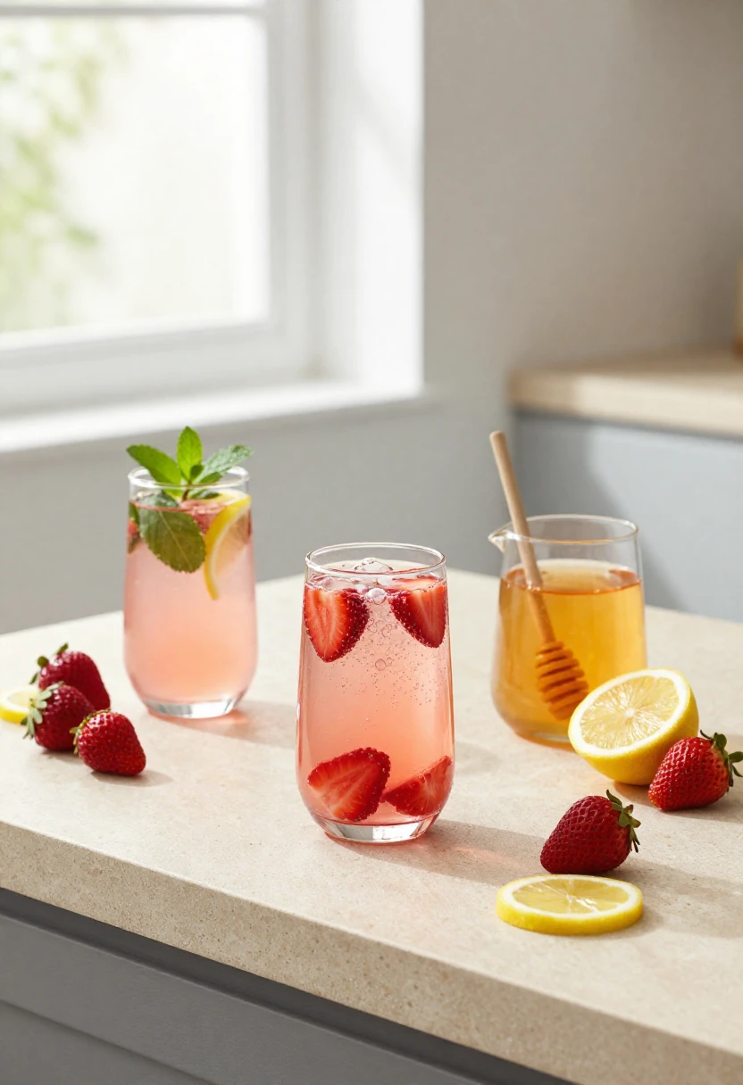 Three glasses of strawberry lemonade with mint, sparkling bubbles, and honey showing creative variations in natural light