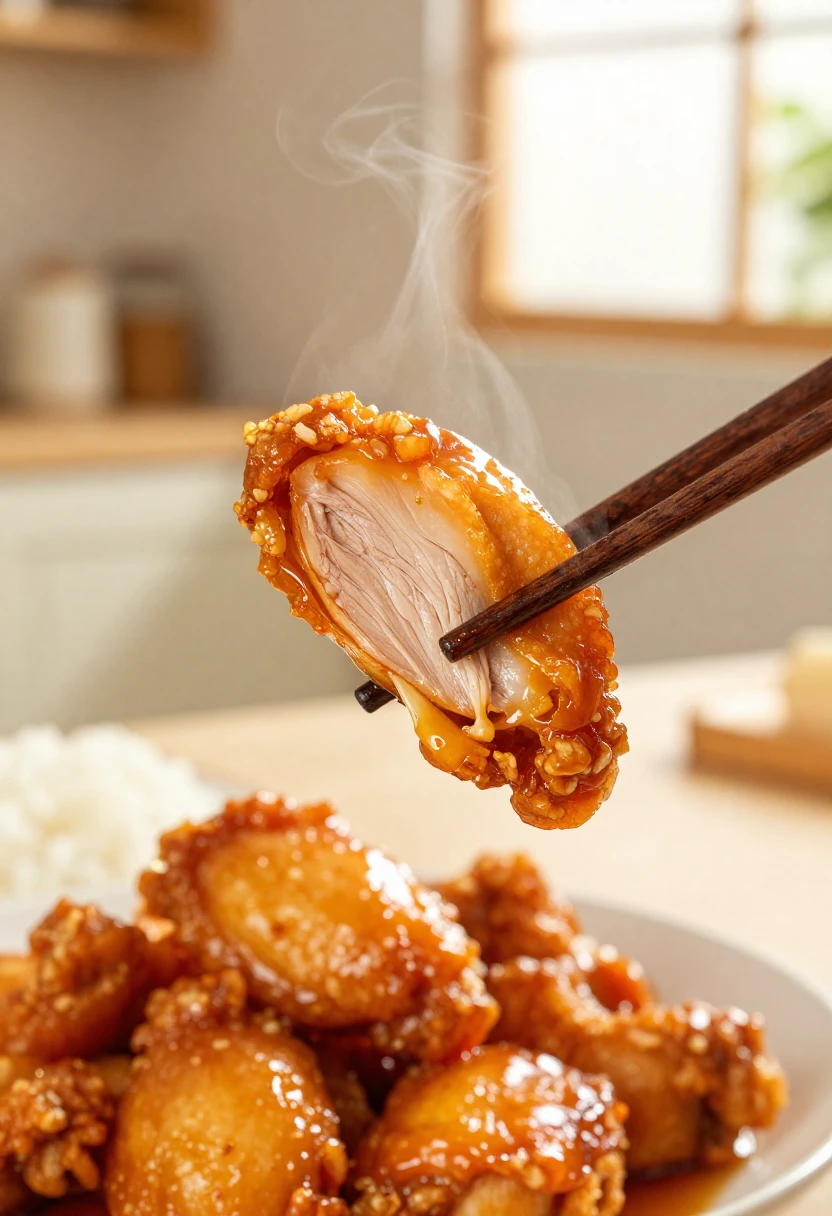 Crispy orange chicken with tender juicy interior close-up
