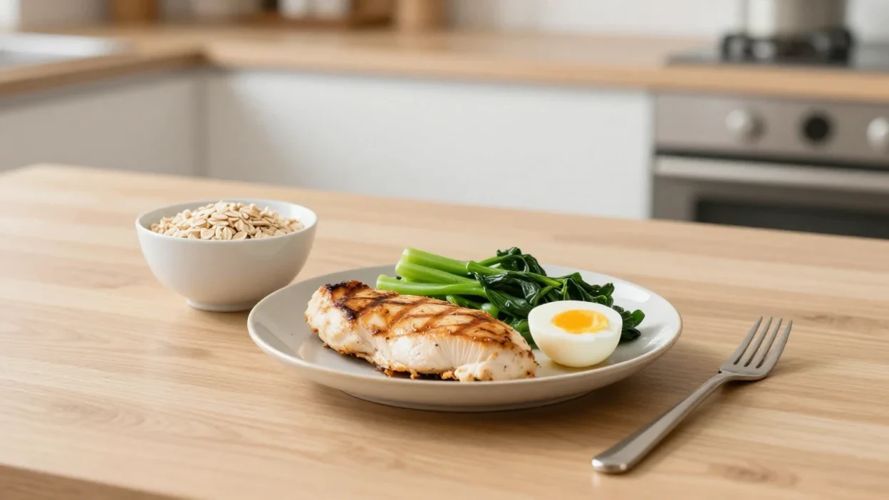 High-protein meal with chicken, vegetables, egg, and oat bran representing the Dukan Diet 4-step plan