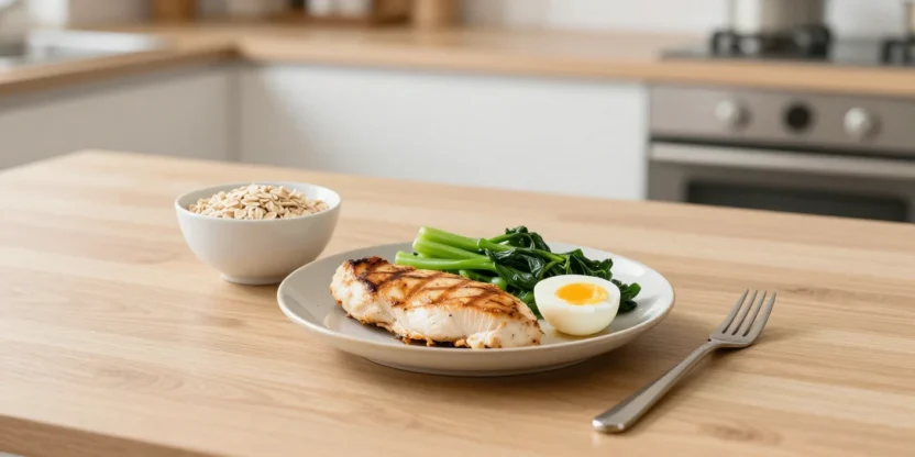 High-protein meal with chicken, vegetables, egg, and oat bran representing the Dukan Diet 4-step plan