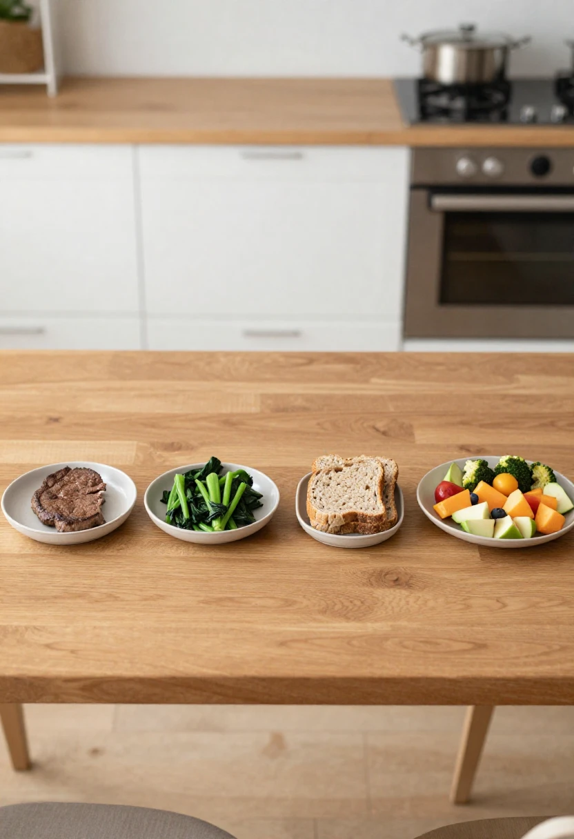 Four plates showing progression from pure protein to balanced meals representing the Dukan Diet phases