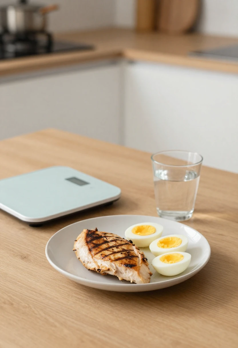 High-protein meal with kitchen scale representing rapid weight loss on the Dukan Diet