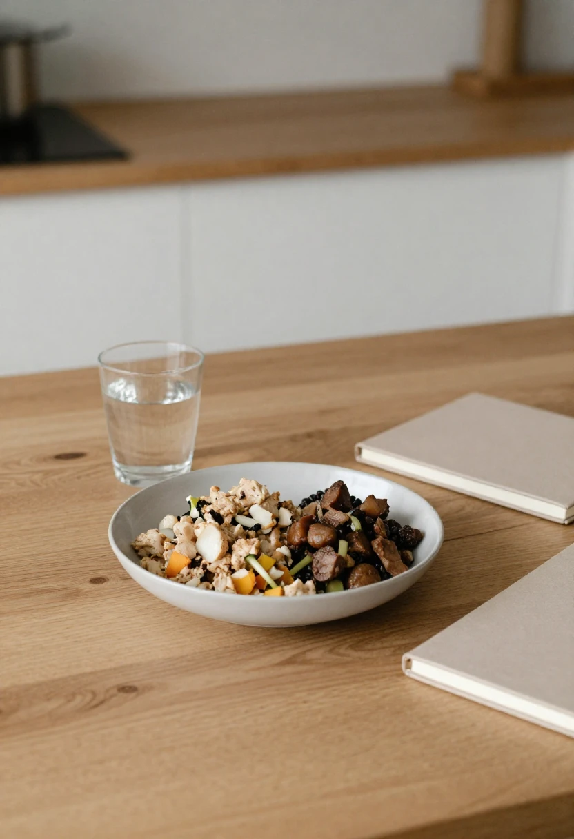 High-protein meal with notebook representing careful consideration before starting the Dukan Diet