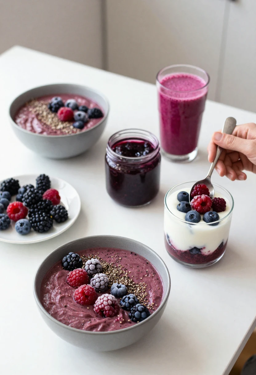 Easy homemade recipes using frozen berries including smoothie bowls and parfaits