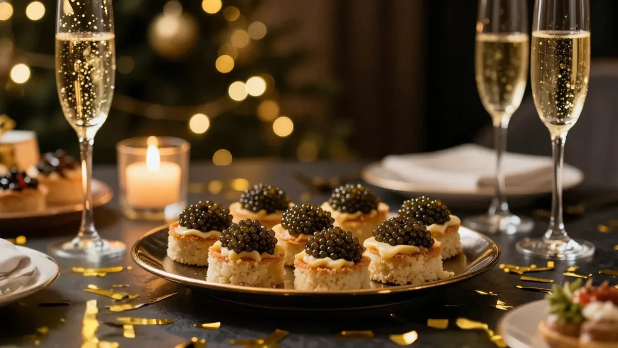 Elegant New Year’s Eve table with caviar bites, champagne, candles, and golden festive decor