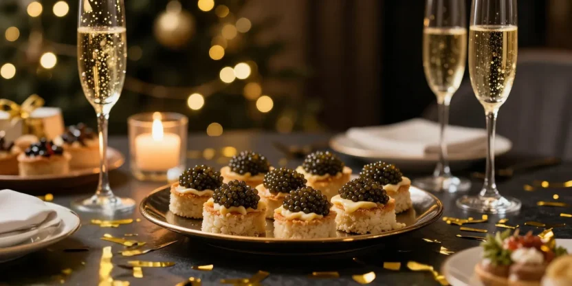 Elegant New Year’s Eve table with caviar bites, champagne, candles, and golden festive decor