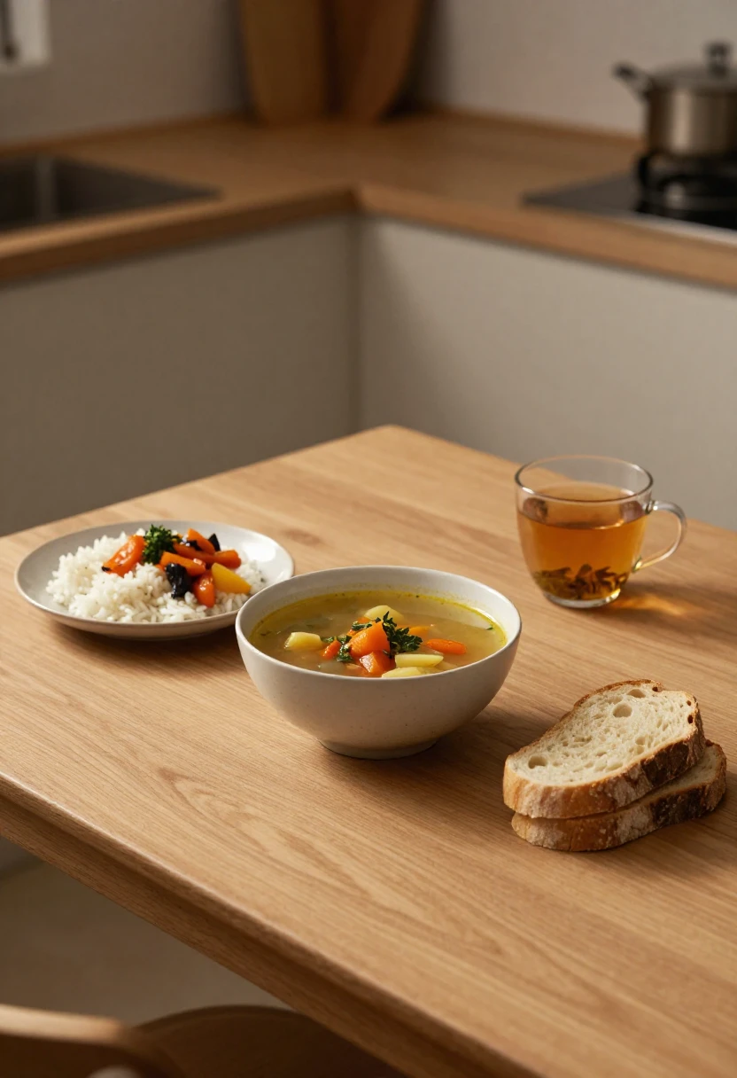 Warm soup, rice, bread, and tea on a wooden table representing simple emotionally supportive home meals