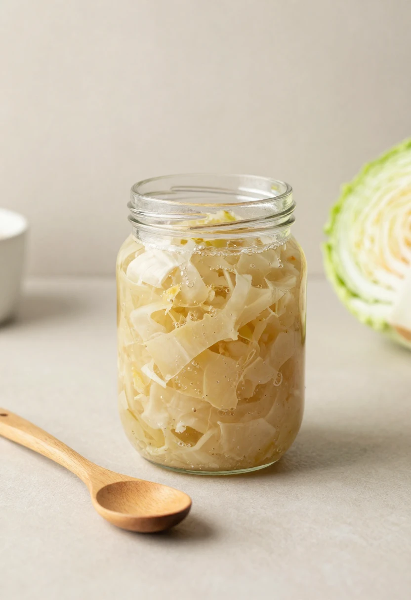 Close-up of fermenting sauerkraut in a glass jar showing bubbles and brine for gut health benefits