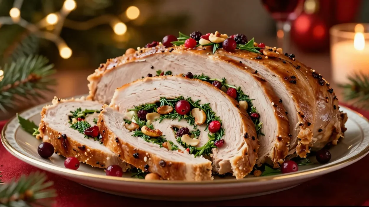 Sliced stuffed turkey breast with herb and cranberry filling in a festive Christmas setting with warm lights.