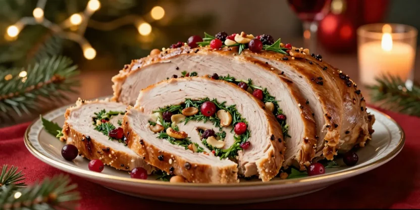 Sliced stuffed turkey breast with herb and cranberry filling in a festive Christmas setting with warm lights.