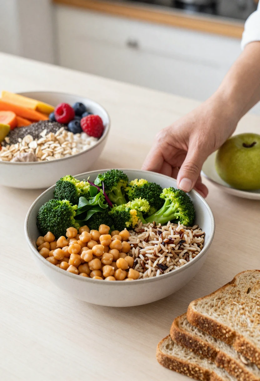 Fiber-rich plant-based foods including beans, whole grains, fruits, and vegetables