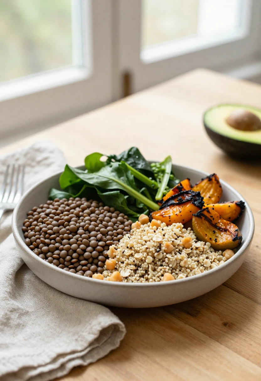 High fiber meal with lentils, vegetables, whole grains, and seeds for lasting fullness