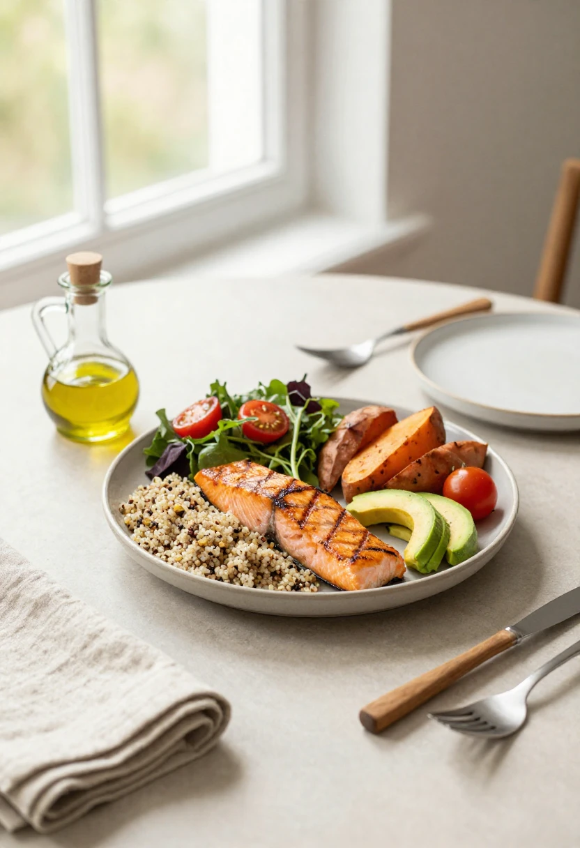 Balanced nutritious meal with salmon, quinoa, vegetables, and greens supporting steady calorie balance