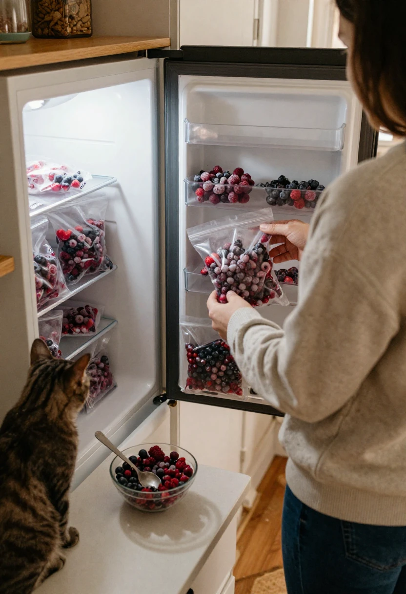 Choosing frozen berries from the freezer for everyday healthy meals