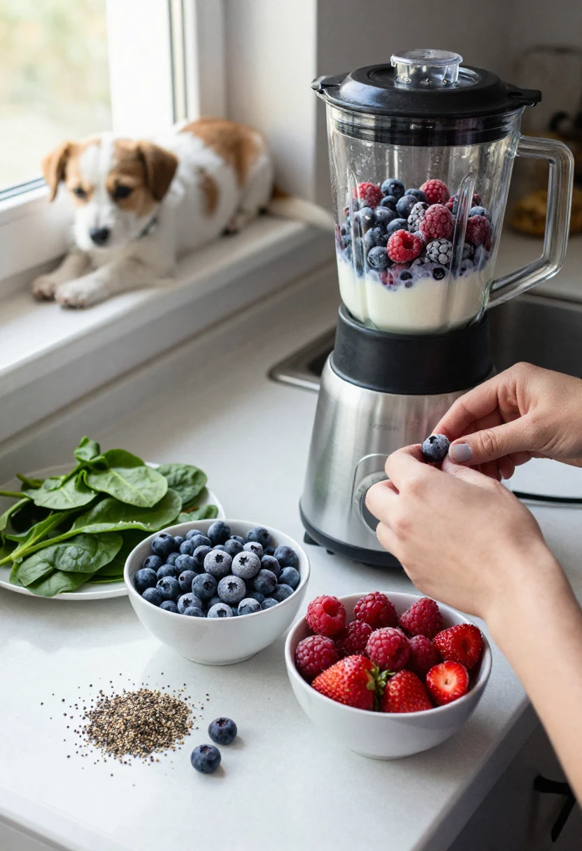 Preparing a nutritious smoothie with frozen berries at home