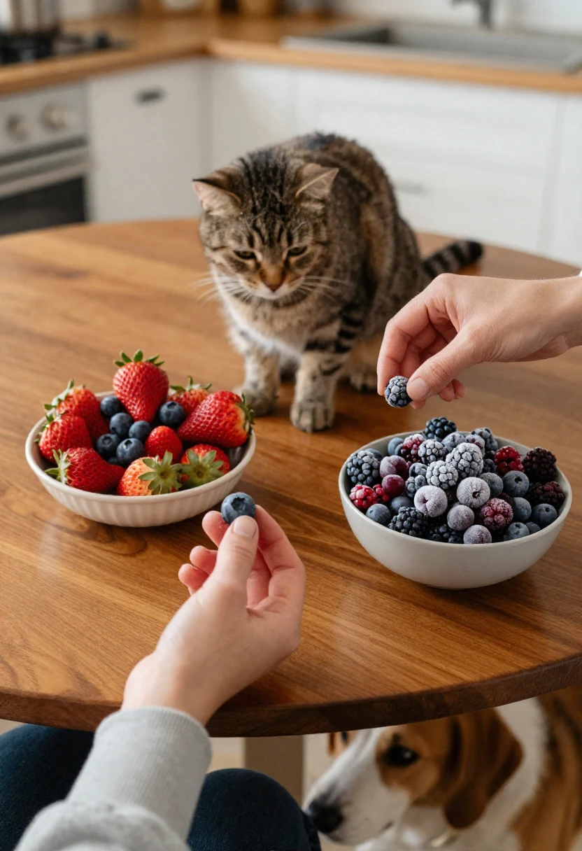 Comparison of fresh berries and frozen berries on a kitchen table