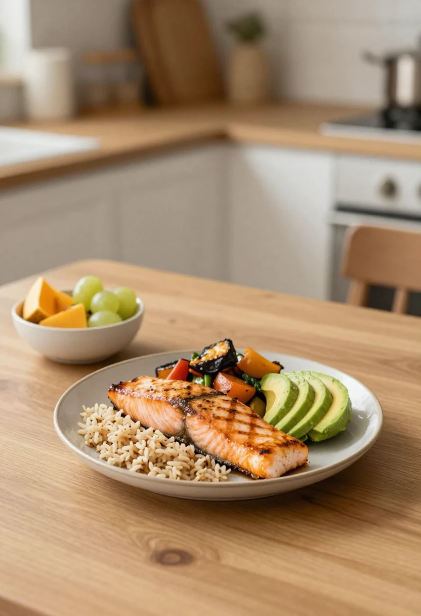 Balanced healthy meal with fish, rice, vegetables, and fruit representing long-term success after the GM Diet