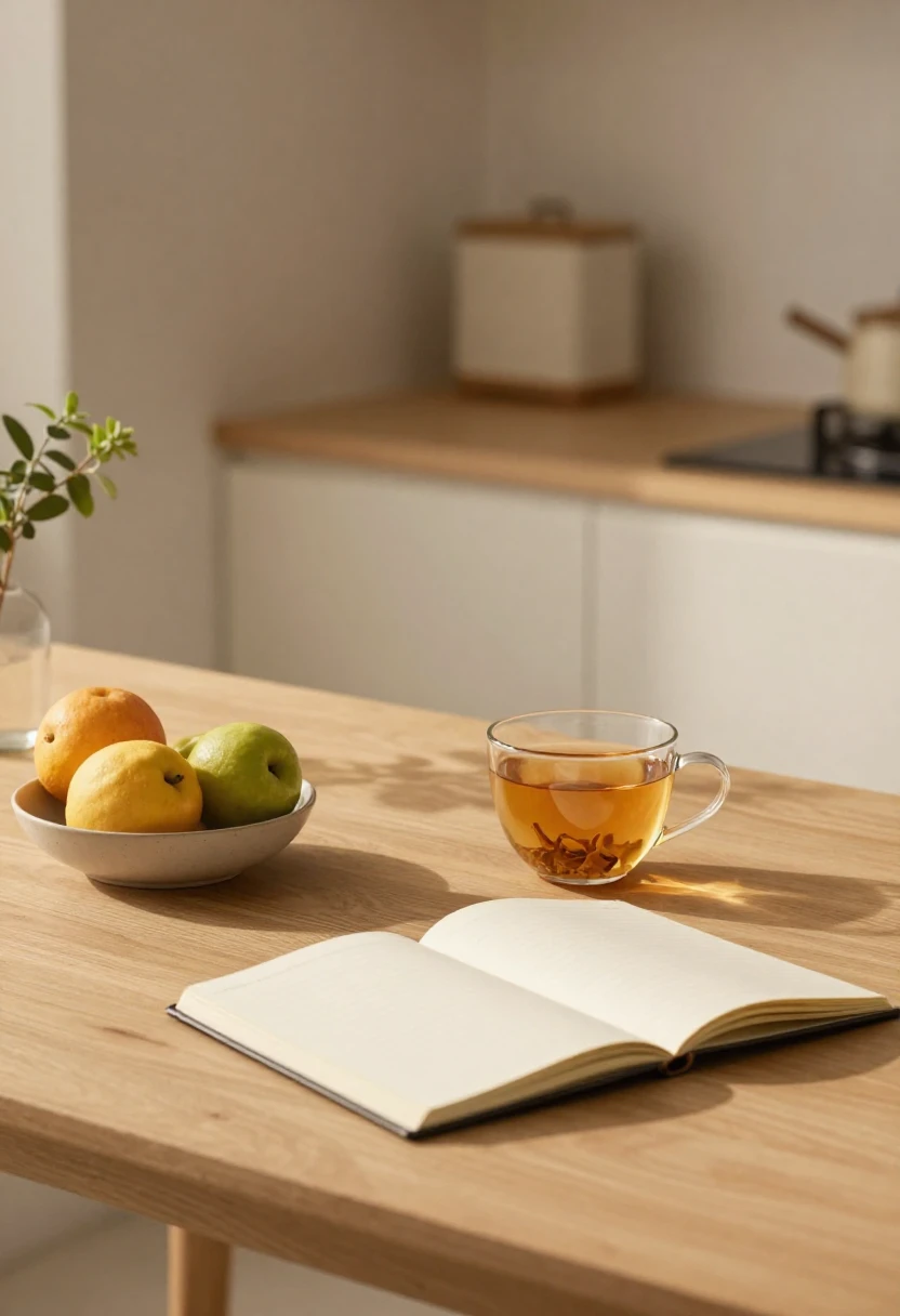 Herbal tea, fruit, and open notebook in soft light symbolizing reflection on whether the GM Diet is worth trying