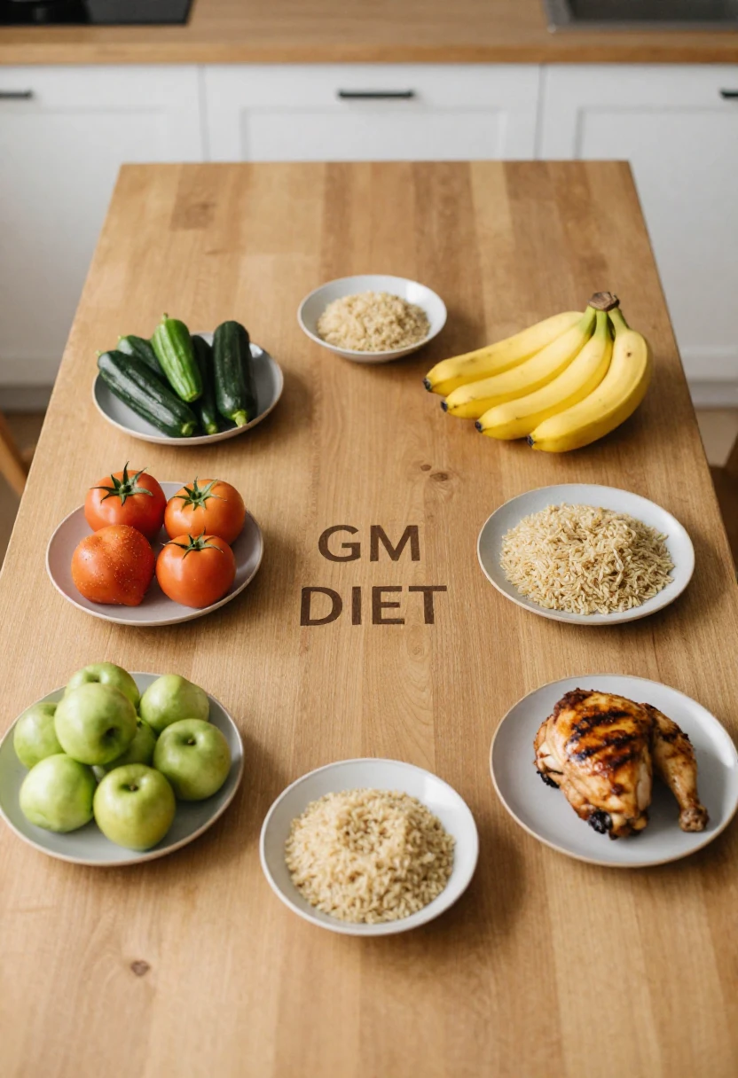 Plates of fruits, vegetables, rice, and chicken arranged to show the daily structure of the GM Diet plan