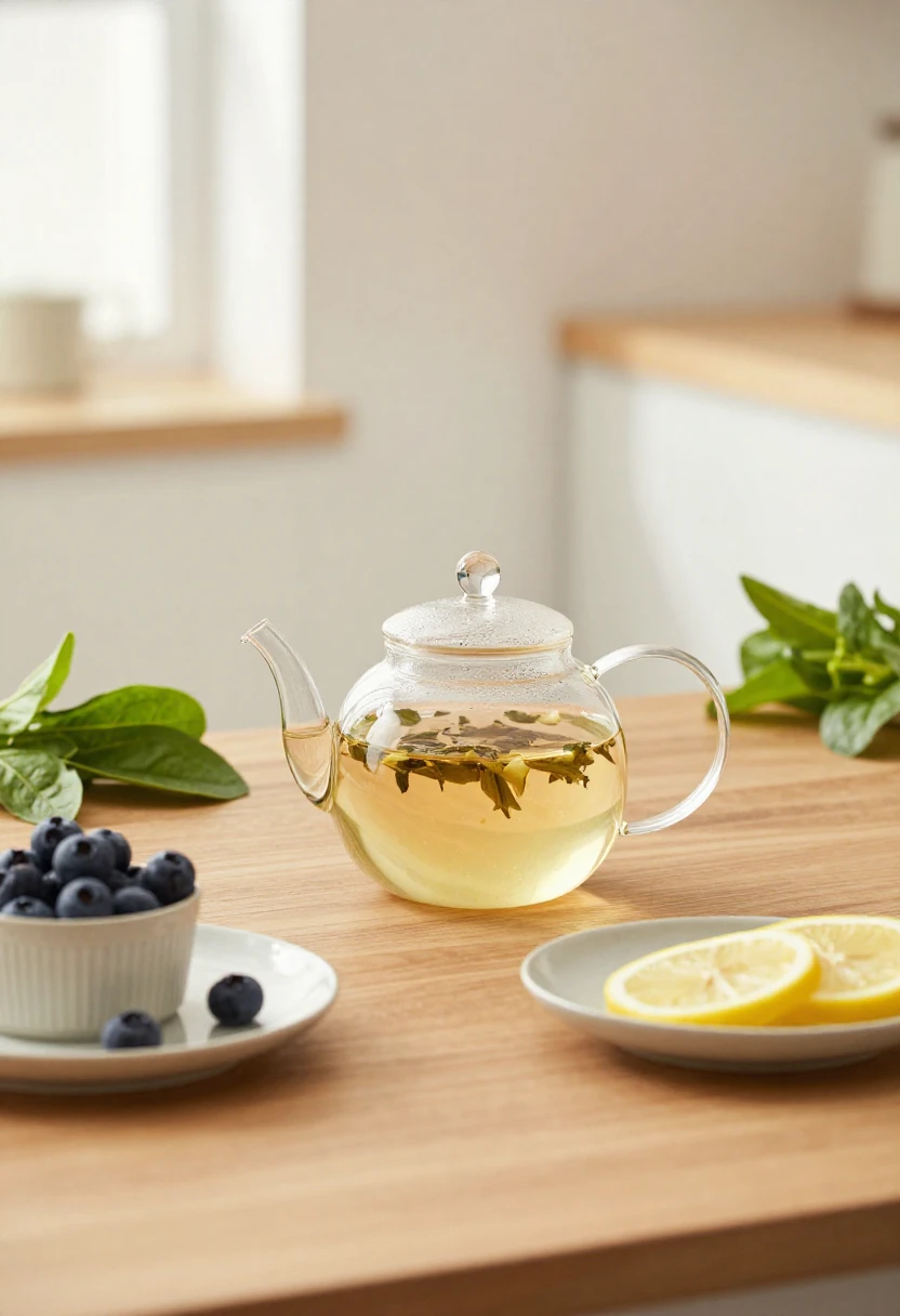 Herbal tea, fresh berries, and leafy greens on a wooden table symbolizing digestion and detox support in the GM Diet