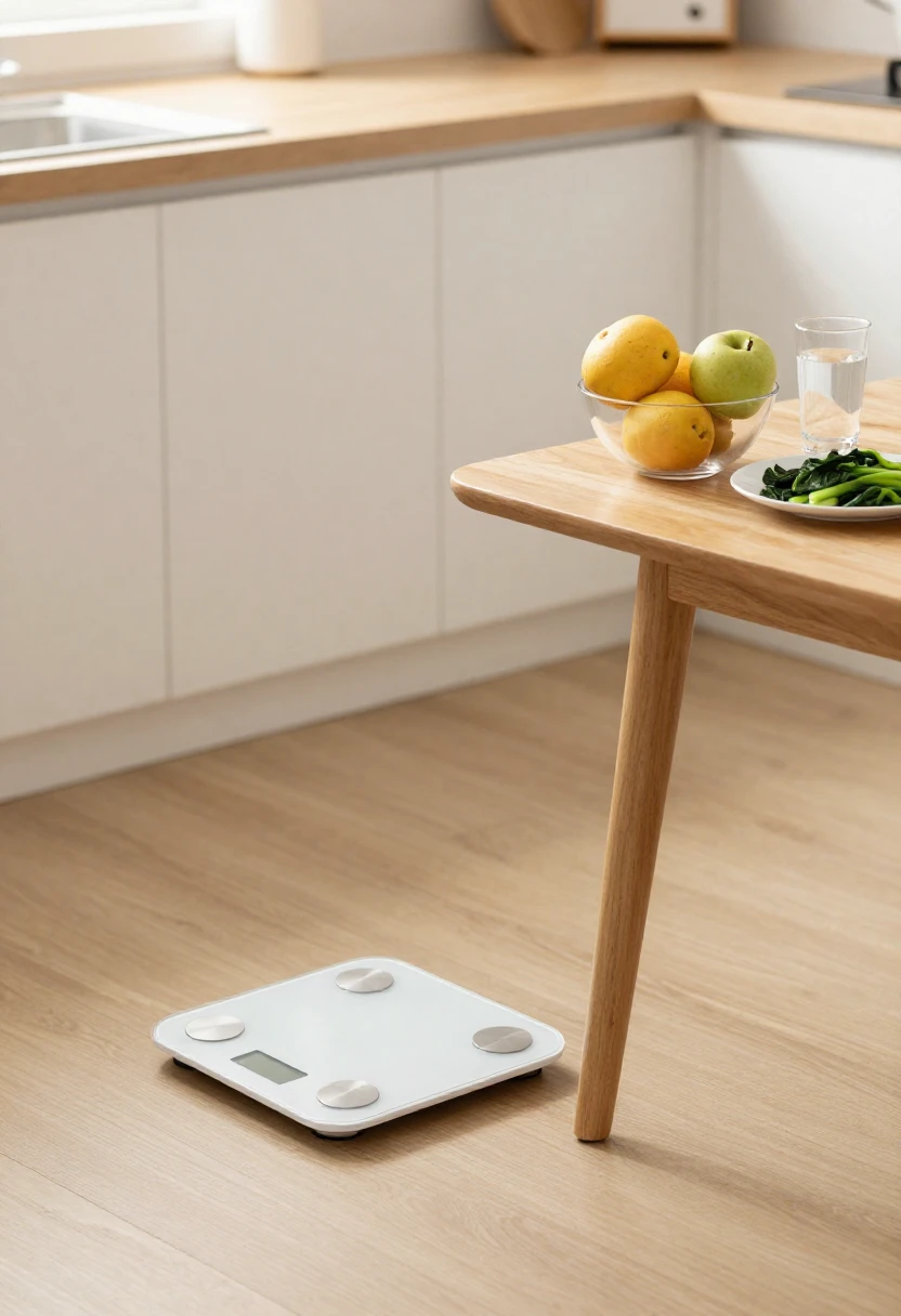 Bathroom scale next to healthy fruits and vegetables representing fast weight loss on the GM Diet plan