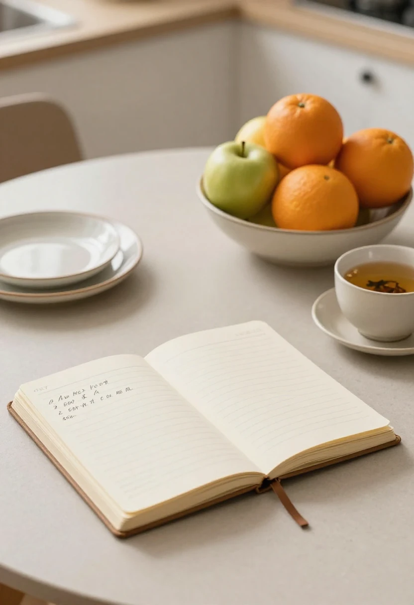 Open notebook with fruit and tea on a kitchen table, representing the history and origins of the GM Diet plan