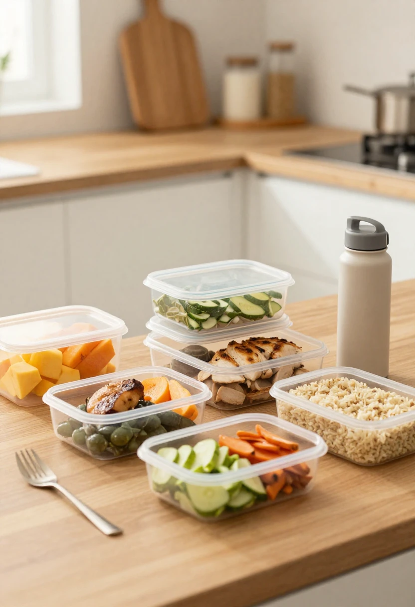 Healthy meal prep containers with fruits, vegetables, and water for a smooth GM Diet week