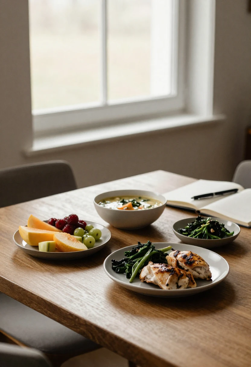 Three simple healthy meals with a notebook symbolizing real-life experiences and lessons from the GM Diet