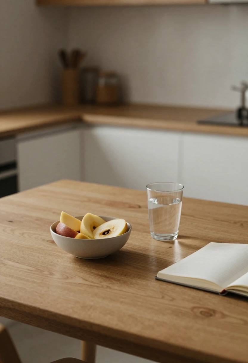 Minimal kitchen scene with small portions and notebook representing potential nutrient gaps in the GM Diet