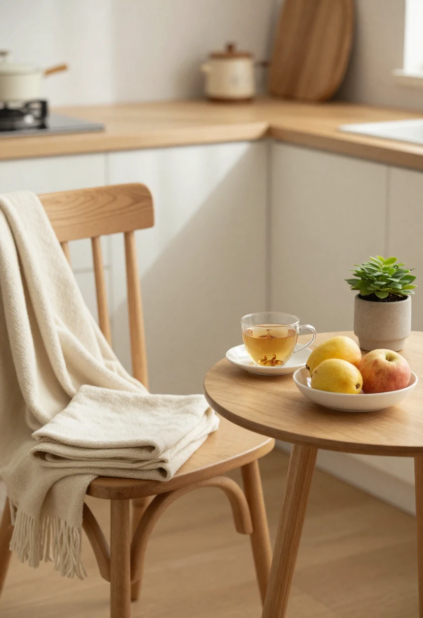 Quiet kitchen corner with tea and fruit symbolizing thoughtful caution before starting the GM Diet