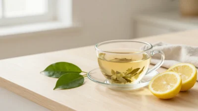 Cup of gymnema herbal tea with fresh green leaves and lemons on a sunlit kitchen table in a calm wellness setting