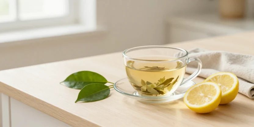 Cup of gymnema herbal tea with fresh green leaves and lemons on a sunlit kitchen table in a calm wellness setting