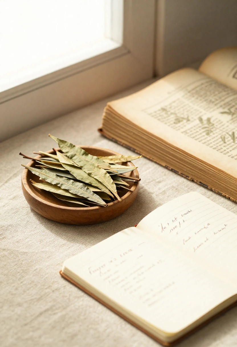 Dried gymnema leaves beside an open botanical book and herbal notes in warm natural light