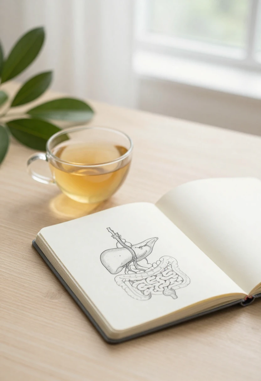 Cup of gymnema tea beside an open notebook with simple anatomical sketches in soft natural light