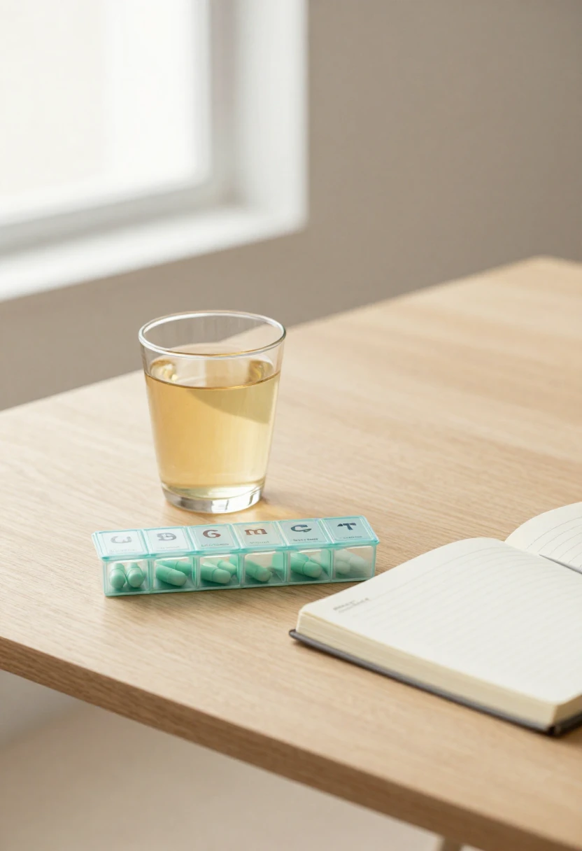 Cup of gymnema tea beside a pill organizer and medical notebook in soft natural light highlighting supplement safety