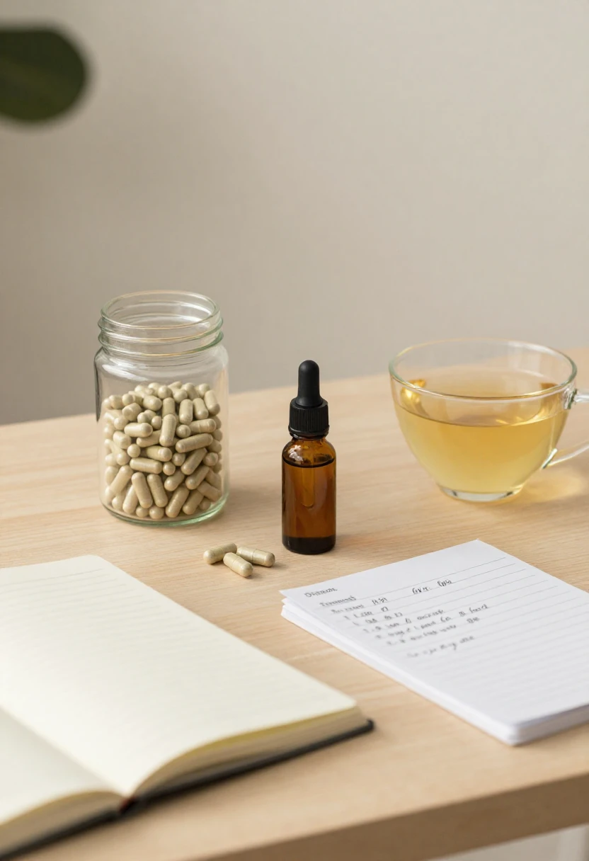 Gymnema capsules, herbal extract, and tea with a dosage notebook on a sunlit wooden counter showing practical use