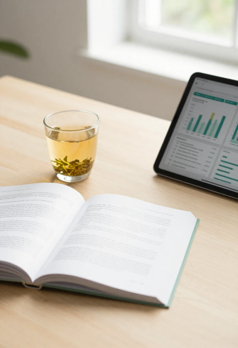 Glass of gymnema tea beside an open research journal and tablet in soft natural light representing scientific evidence
