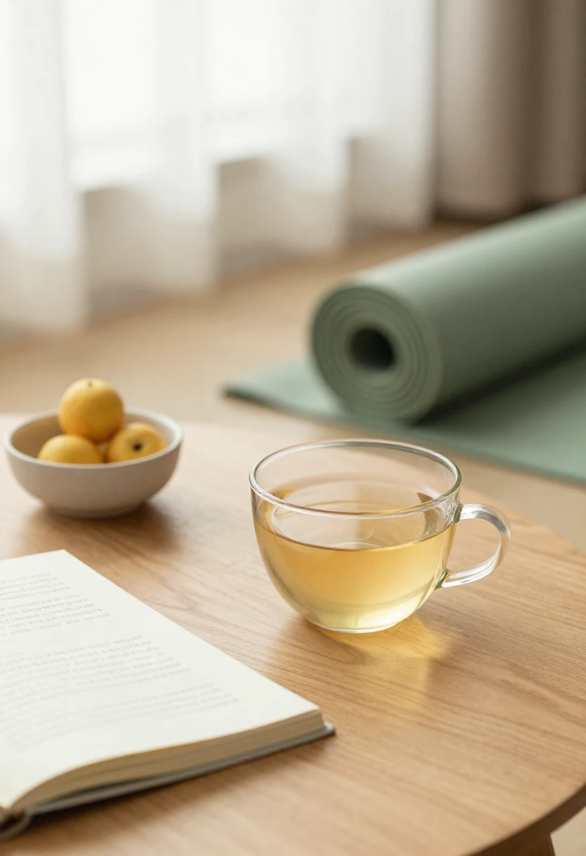 Cup of gymnema tea beside a wellness journal and fruit in soft natural light representing realistic health expectations