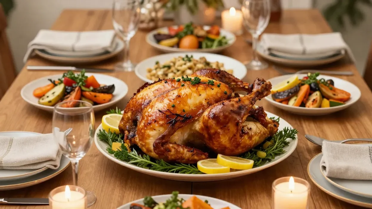 Festive table with herb-roasted whole chicken served as the main holiday dish
