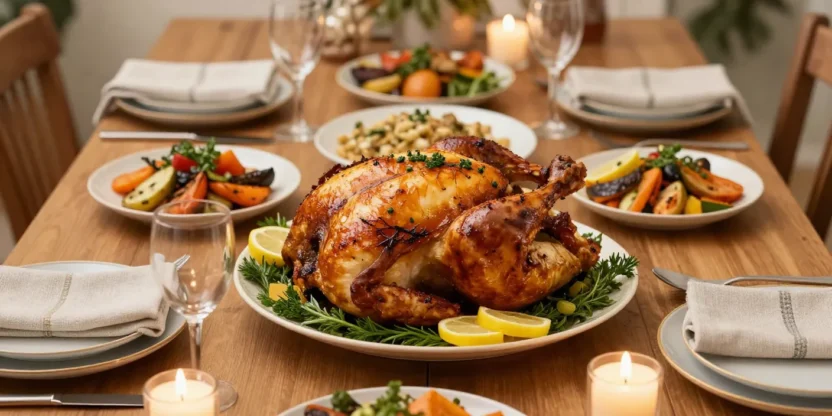 Festive table with herb-roasted whole chicken served as the main holiday dish