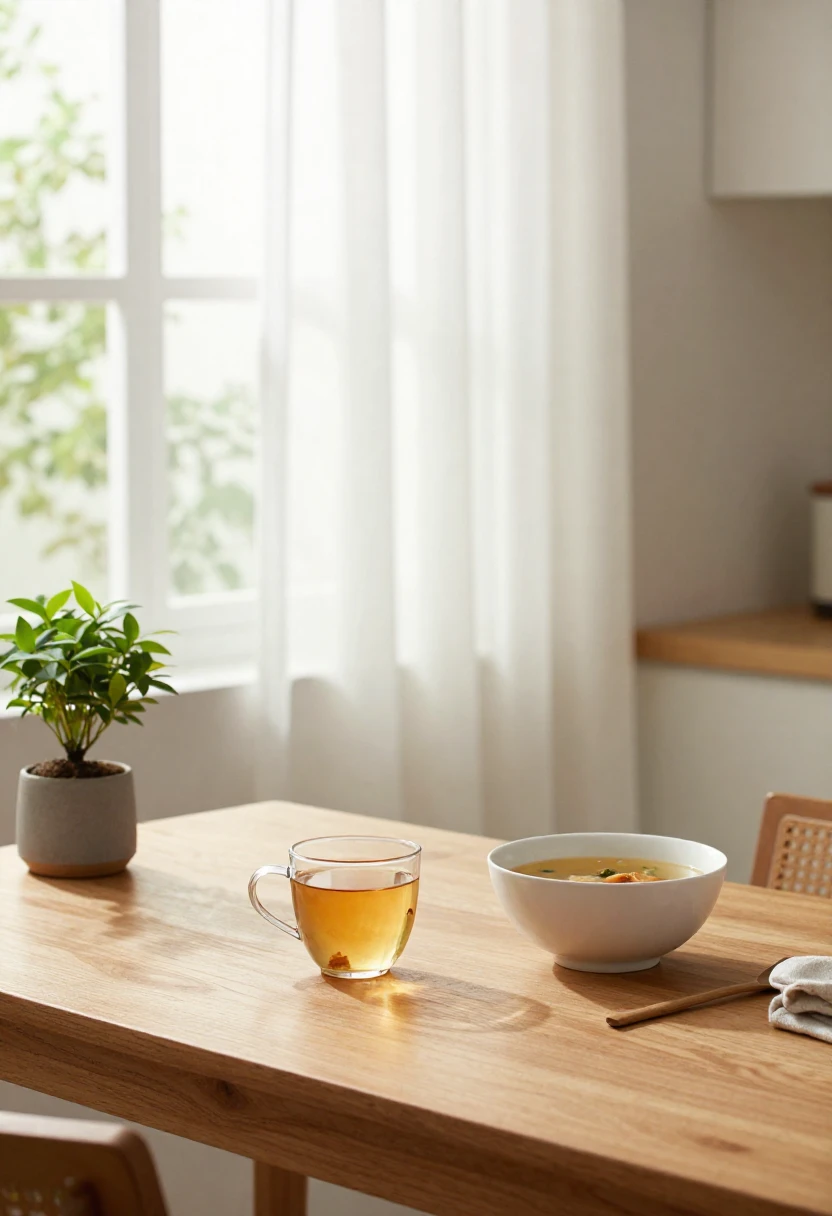Warm soup and herbal tea in a peaceful kitchen setting representing how home cooking helps reduce anxiety