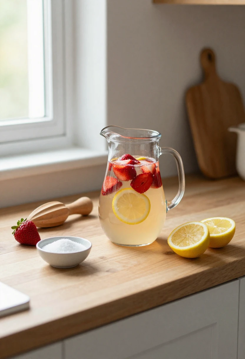 Homemade strawberry lemonade in a glass pitcher with fresh lemons and strawberries on a sunlit kitchen counter