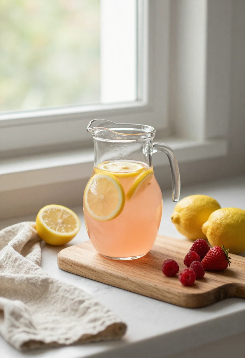 Homemade pink lemonade in a glass pitcher with fresh lemons and berries on a wooden kitchen counter in soft natural light