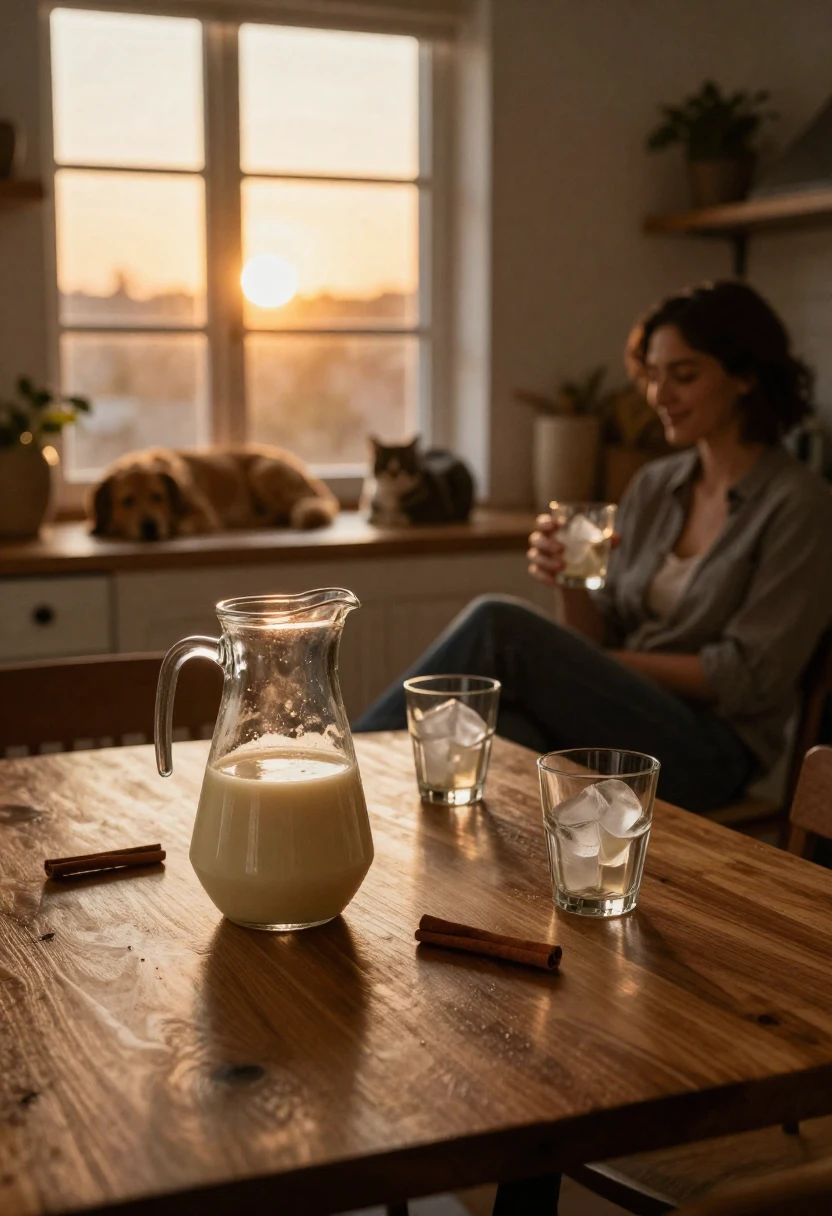 Enjoying homemade horchata at home in a warm evening atmosphere
