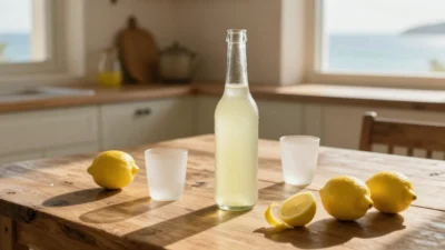 Bottle of homemade limoncello with fresh lemons and small chilled glasses in warm Mediterranean sunlight