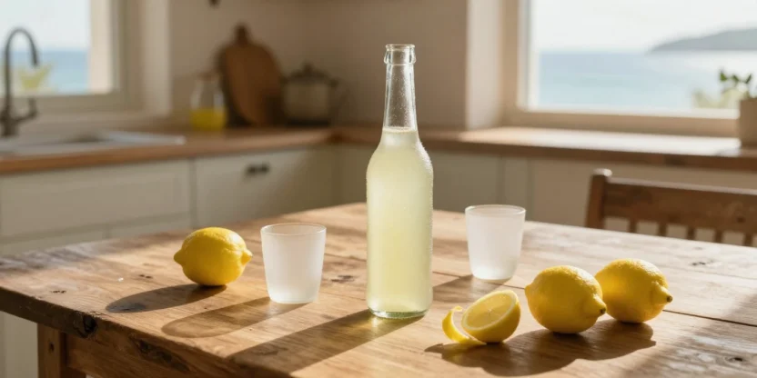 Bottle of homemade limoncello with fresh lemons and small chilled glasses in warm Mediterranean sunlight