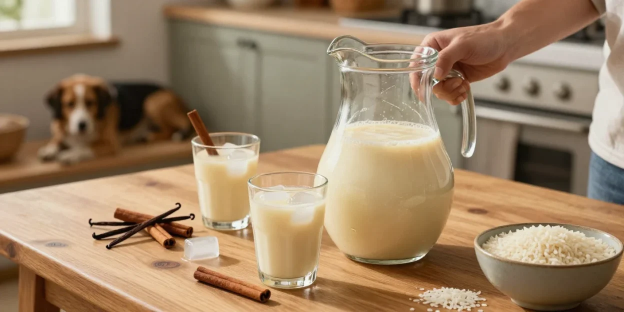 Homemade Mexican horchata with rice and cinnamon served in a glass pitcher